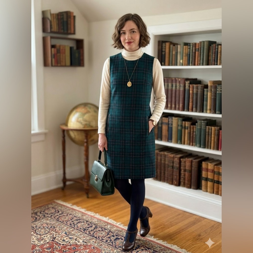 Rare Vintage 1950s–60s Pendleton Wool Green Plaid Jumper Dress Collector’s Piece - Picture 6 of 12